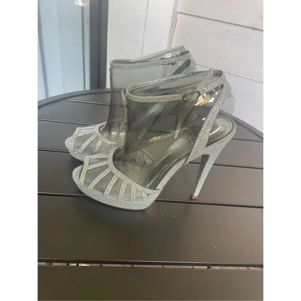 Adrianna Papell Silver Peep Toe Mesh Platform Heels Metallic Size 9M
